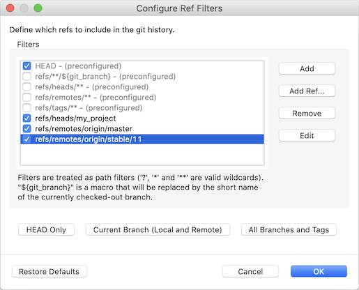 "Screenshot of the EGit 5.6.0 ref filter configuration dialog with custom filters."